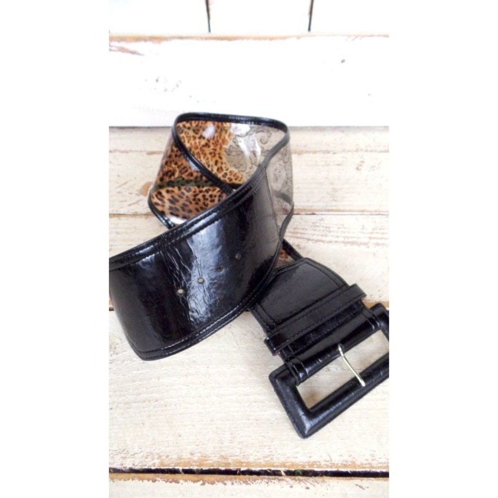 90s vintage wide animal print leather plastic see through belt/black/brown - Picture 4 of 5
